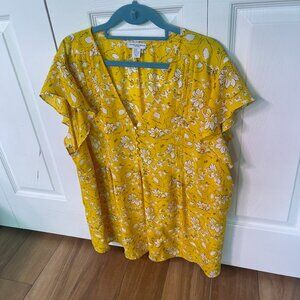 Carolina Belle Yellow White Floral Pleated Front Blouse 2X